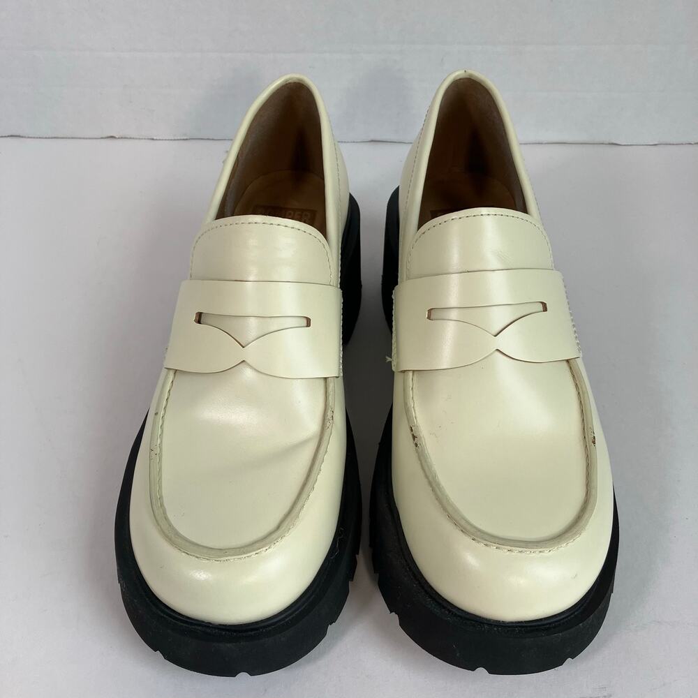Camper Cream Leather Penny Loafers with Black Chunky Sole